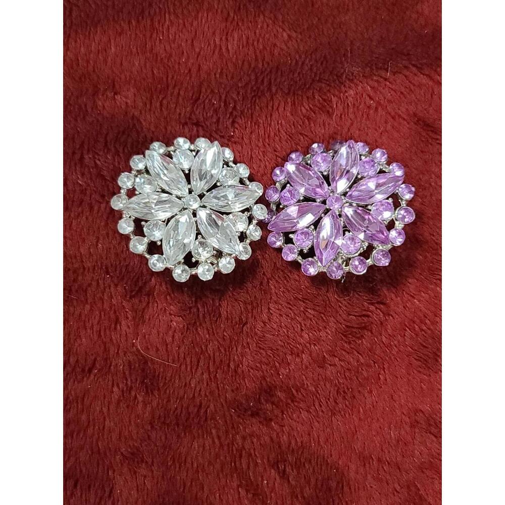 Vintage Bundle Of 2 Pins Brooch Floral Round Clear/Lavender Costume Jewelry EUC